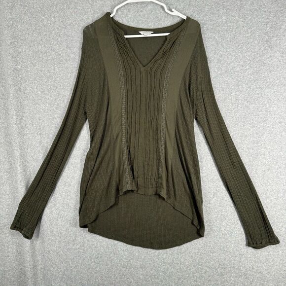 LUCKY BRAND Blouse Womens Large Green Linen Blend Top Long Sleeve Boho Knit - Picture 1 of 13